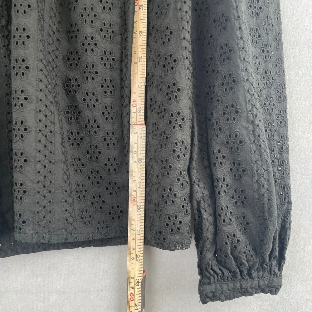 Madewell Black Cotton Victorian Goth Eyelet Tie Neck Long Sleeve Blouse Top S - Picture 8 of 8
